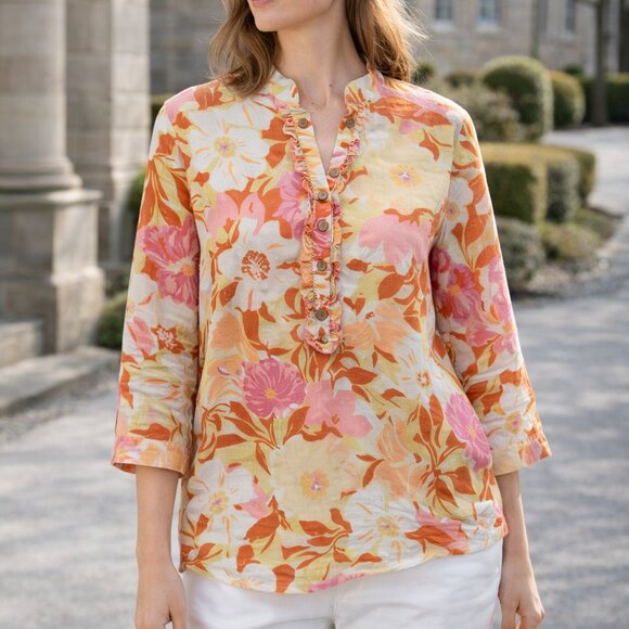 Hot Cotton Tops - Hot Cotton 100% Linen Floral Ruffle Blouse L